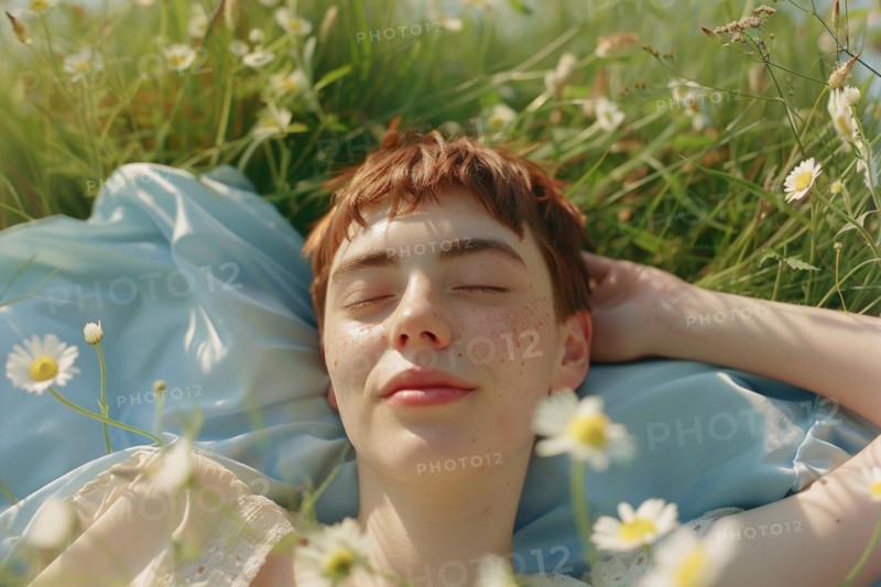 Teenager, young fair-skinned woman with red hair and freckles lying on a spring meadow and basking in the first spring sun, health risk, possible late effects, risk of skin cancer due to intense UV radiation that can cause sunburn, AI generated, AI generated, AI generated