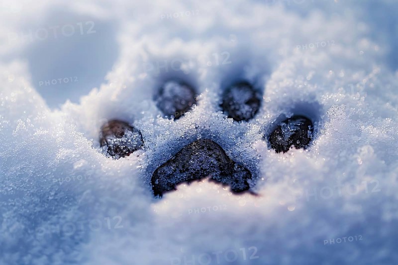 Close up of dog's paw print in snow. Generative Ai, AI generated
