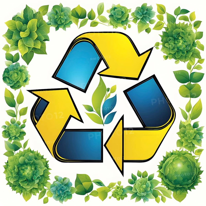 Recycling symbol morphing into growing plants and solar cells to symbolize the transformation of waste into renewable resources, AI generated