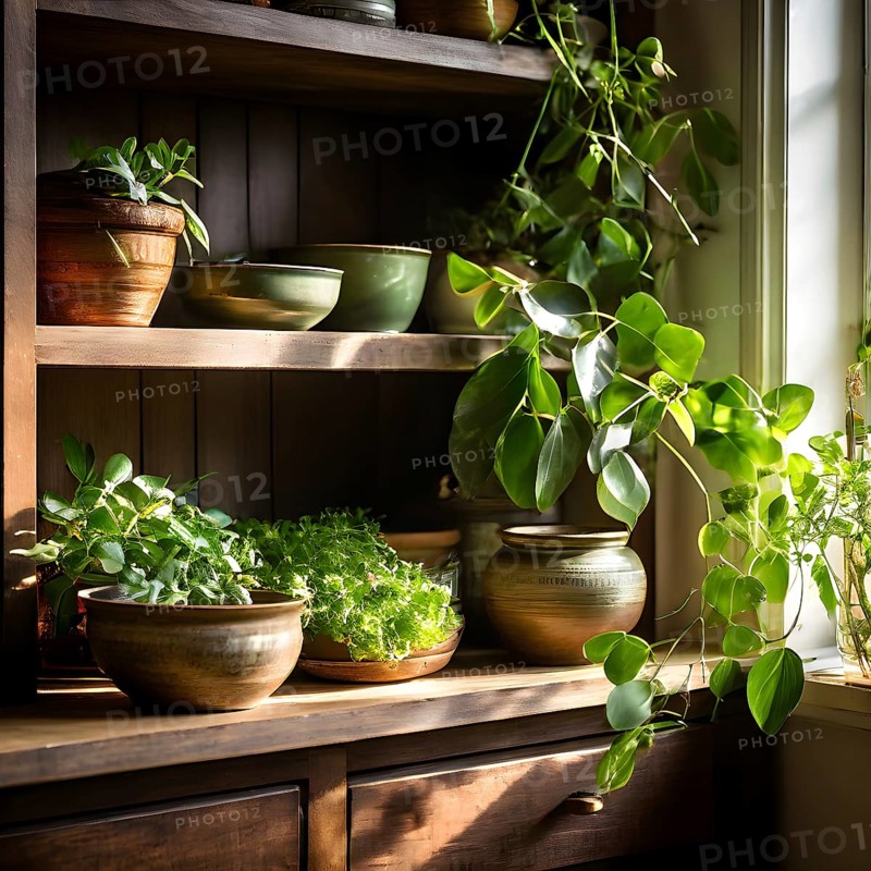 A sunlit kitchen corner, with a rustic wooden shelf holding neatly arranged ceramic bowls and a single, vibrant green houseplant, AI generated