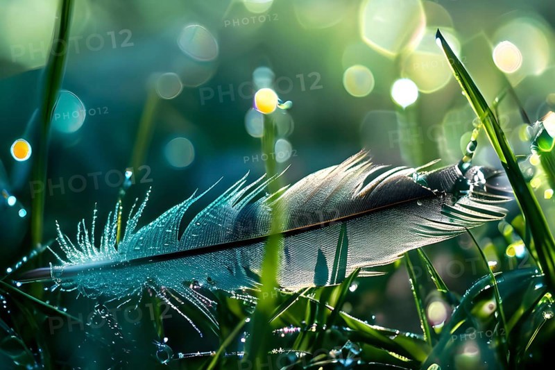 A lone feather resting gently on a dew-covered grassy field, with soft morning light illuminating the delicate details, AI generated