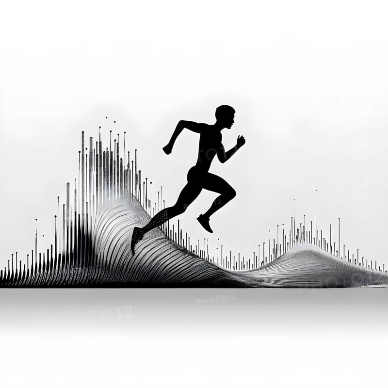 Wave of data points shaping into a runners silhouette, abstract illustration in black and white, conveying speed and precision guided by AI, AI generated