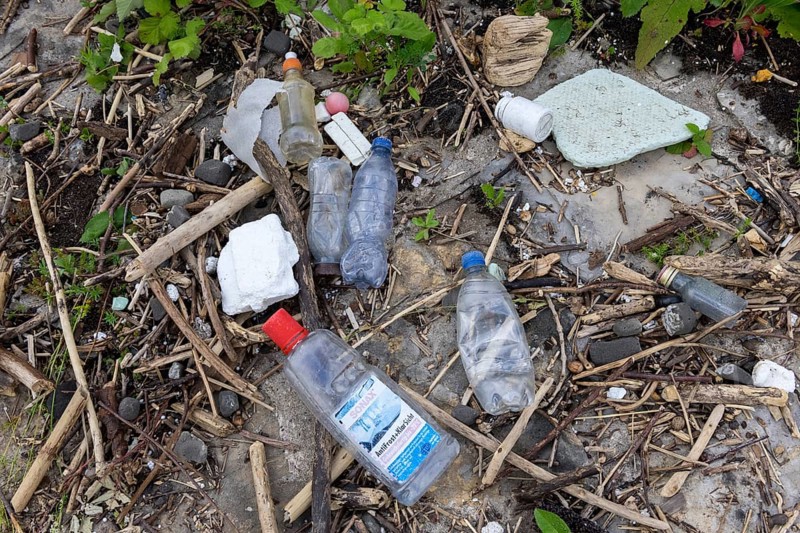 Symbolic image environmental pollution, plastic waste, rubbish, flotsam from a flood on the Neckar river, wood, bottles, Poppenweiler, Baden-Württemberg, Germany, Europe