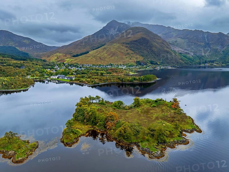 Mountains reflected in fjord, coast, island, autumn, cloudy, aerial view, Loch Leven, view of Ballachulish, Scotland, Great Britain