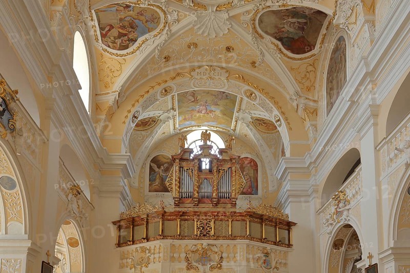 Interior view with organ and ceiling painting from the baroque basilica, arts and crafts, painting, Frauenkirchen, Seewinkel, Lake Neusiedl, Burgenland, Austria, Europe
