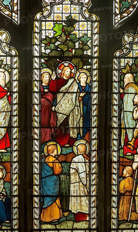 Stained glass window church of Saint John, Saxmundham, Suffolk, England, UK, Sermon on the Mount, Harry Ellis Wooldridge for Powell and Sons, 1875