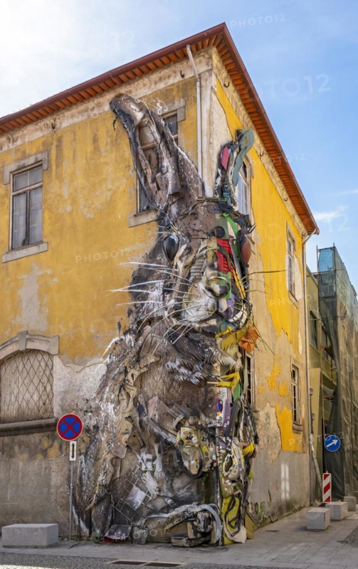 Half Rabbit, a piece of street art by Bordalo II in Vila Nova de Gaia, Porto, is a giant sculpture from repurposes discarded materials, Portugal, Europe