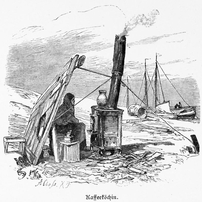 Coffee seller, Baltic Sea, Mecklenburg-Western Pomerania, Germany, drink, wood stove, windbreak, woman, shore, beach, sailboat, historical illustration 1880, Europe