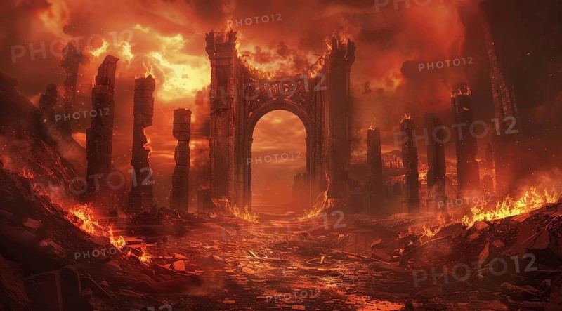 A fiery, dark and ominous scene with a large archway leading into a fiery abyss. Hell gates, AI generated