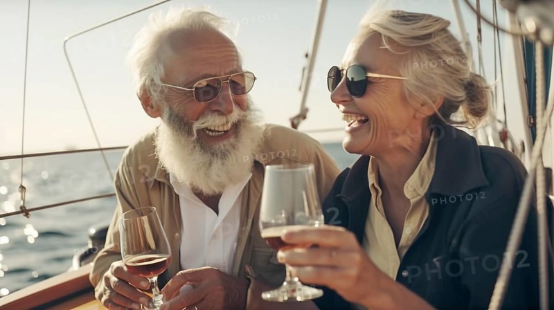 Senior caucasian couple enjoying drinks on the deck of their yacht in the ocean, generatvie AI, AI generated