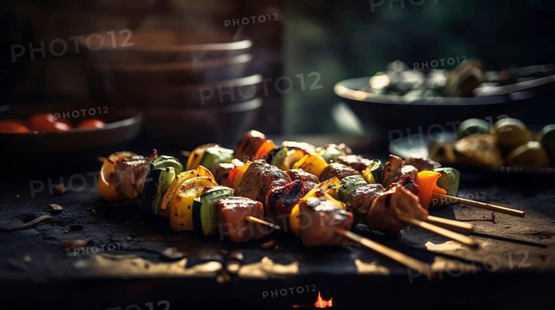 Fresh succulent vegetable and steak kebab on the flame grill, generative AI, AI generated