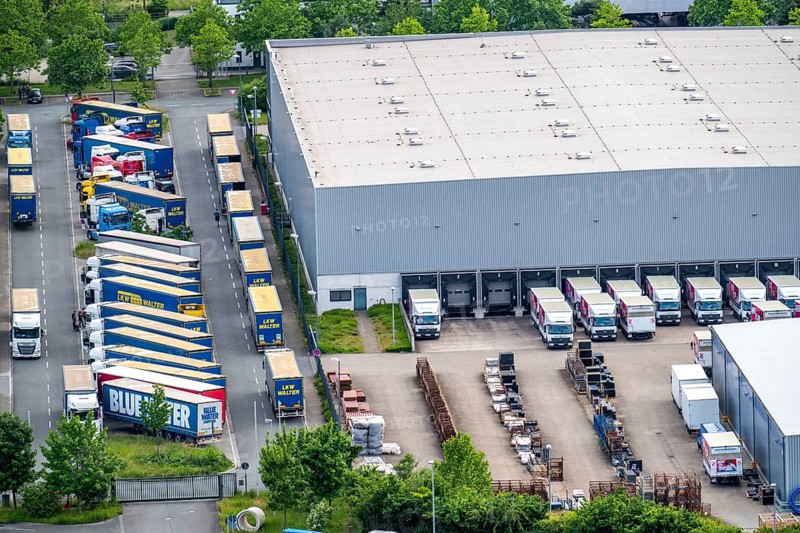 Truck, lorry, logistics company, logistics centre on the former Ewald colliery site in Herne, North Rhine-Westphalia, Germany, Europe