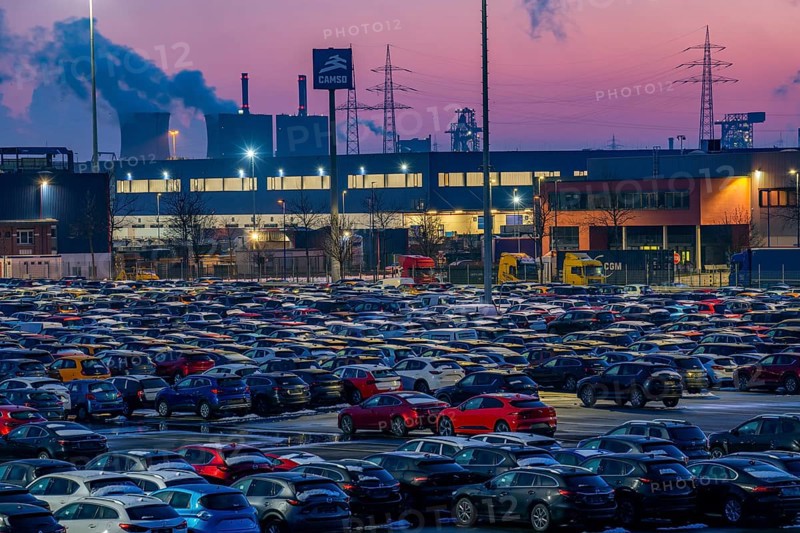 Car terminal in the Logport I inland port in Duisburg on the Rhine, vehicle handling of new cars, storage area, behind the HKM steelworks in Duisburg-Hüttenheim, North Rhine-Westphalia, Germany, Europe