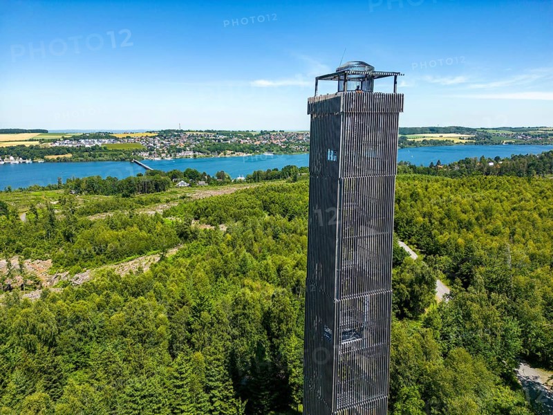 Lake Möhnesee, reservoir in the northern Sauerland, view from the Möhnesee tower, observation tower on the southern shore, North Rhine-Westphalia, Germany, Europe
