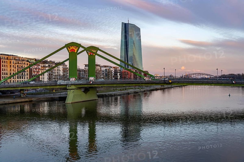 The building of the European Central Bank, ECB, on the Main, Flößerbrücke, in Frankfurt, Hesse, Germany, Europe