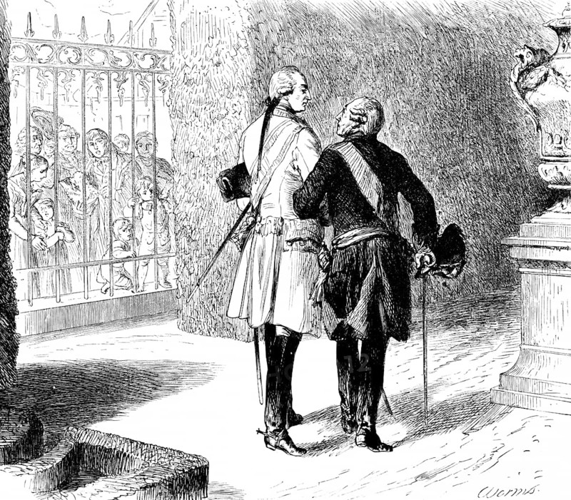 Meeting of the young Emperor Joseph II and the old King Frederick II, Habsburgs and Hohenzollerns, entertainment, walk, friends, park, lattice gate, age, spectator, Prussia, historical illustration 1882