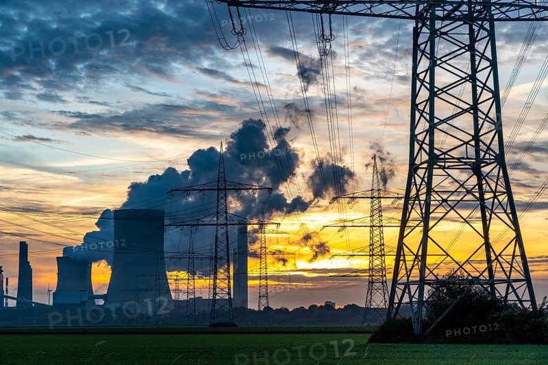 Lignite-fired power plant, RWE Power AG Niederaussem power plant, sunset, Bergheim, North Rhine-Westphalia, Germany, Europe