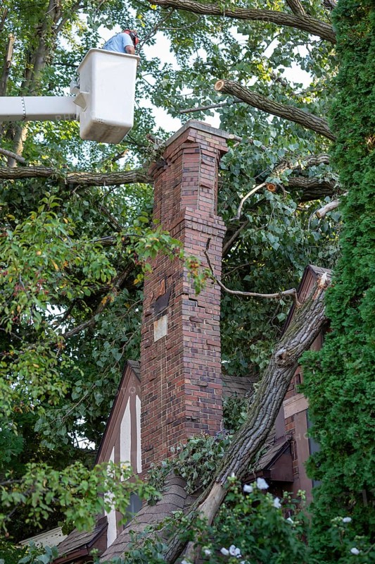 Detroit, Michigan, A storm with 70mph wind gusts blew down a 15-ton, 110-foot cottonwood, damaging three homes in the Morningside neighborhood. The storm cracked a tall brick chimney, threatening to send it crashing through the house. The chimney had to be dismantled brick by brick to prevent further damage