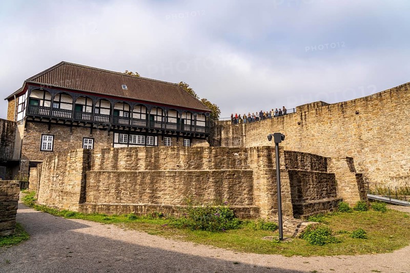 Broich Castle on the west bank of the Ruhr near the city centre, the fortification is in parts the oldest preserved early medieval fortification from the late Carolingian period north of the Alps, today a museum and event location, in Mülheim an der Ruhr, North Rhine-Westphalia, Germany, Europe