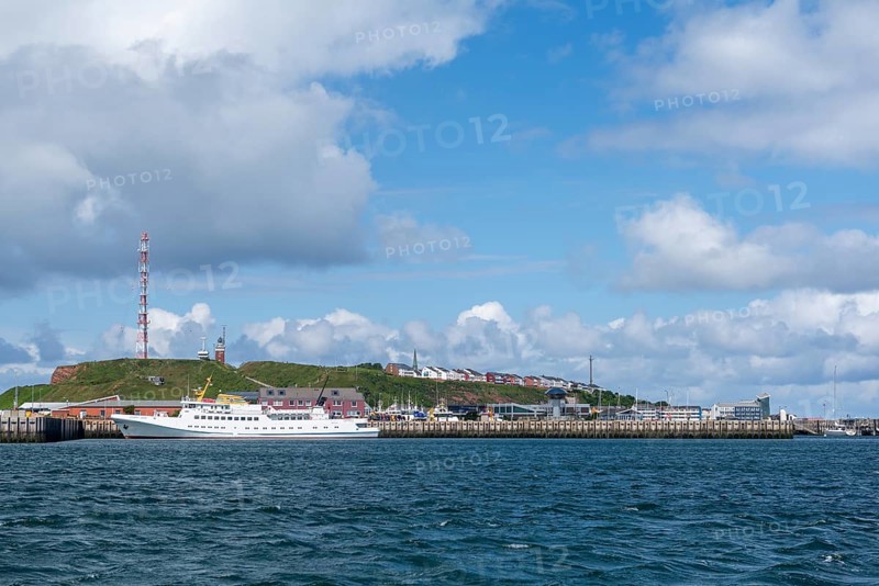 View from south-east to harbour facilities, Unterland and Oberland, offshore island Helgoland, seaside resort ship Funny Girl, blue sky, North Sea, district Pinneberg, Schleswig-Holstein, Germany, Europe