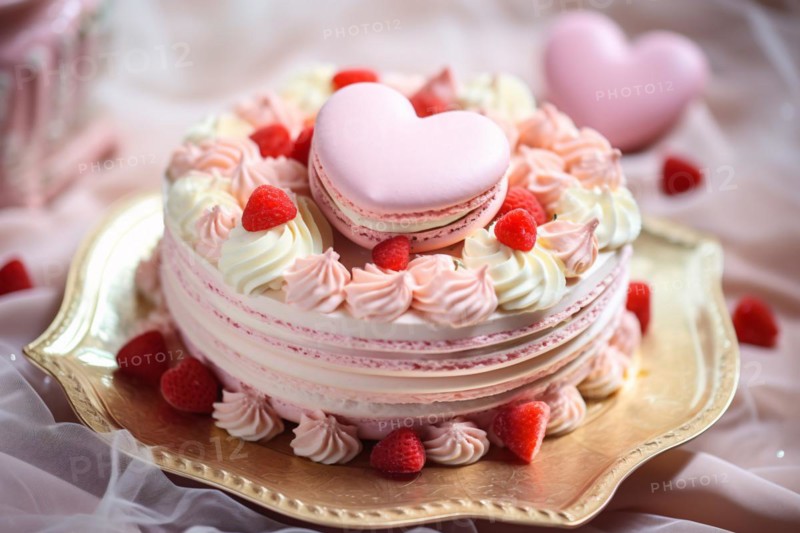 Romantic cream cake with large heart shaped french macaron on top. KI generiert, generiert, AI generated