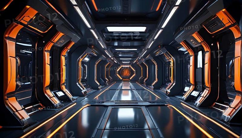 Three dimensional render of futuristic corridor inside a spaceship or space station, AI generated
