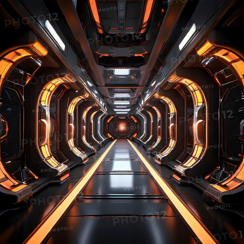 Three dimensional render of futuristic corridor inside a spaceship or space station, AI generated