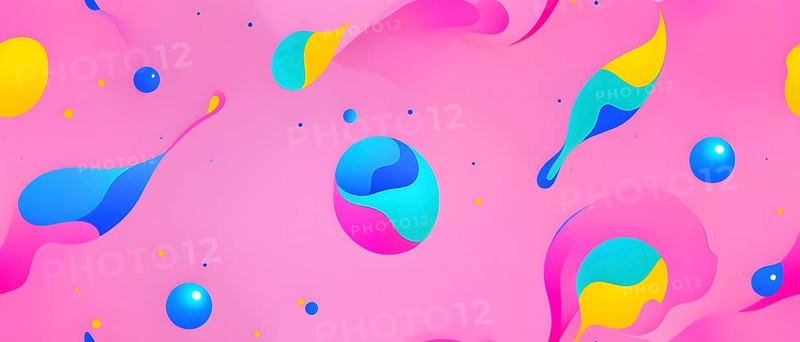 Abstract image with colorful yellow and turquoise blobs and liquid shapes on a pink background, AI generated