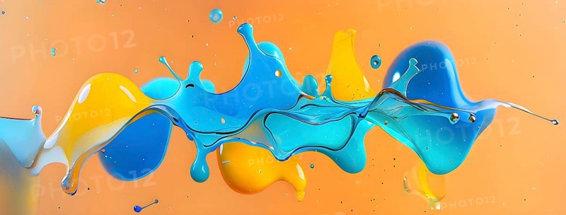 Abstract wallpaper with colorful turquoise and yellow blobs and liquid shapes on a orange background, AI generated