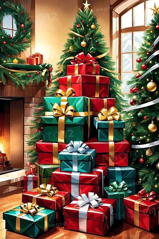 Abstract illustration of wrapped Christmas gifts, shiny ribbons and bows, stacked under a evergreen tree in a cozy living room, AI generated