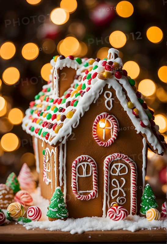 Gingerbread house decorations, focusing on the intricate icing details, colorful candy, and soft, warm light creating a cozy festive ambiance, AI generated