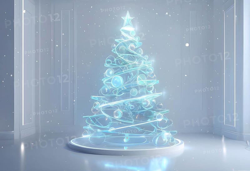 A three dimensional rendering of a futuristic Christmas tree made of glowing, semi-transparent glass, AI generated