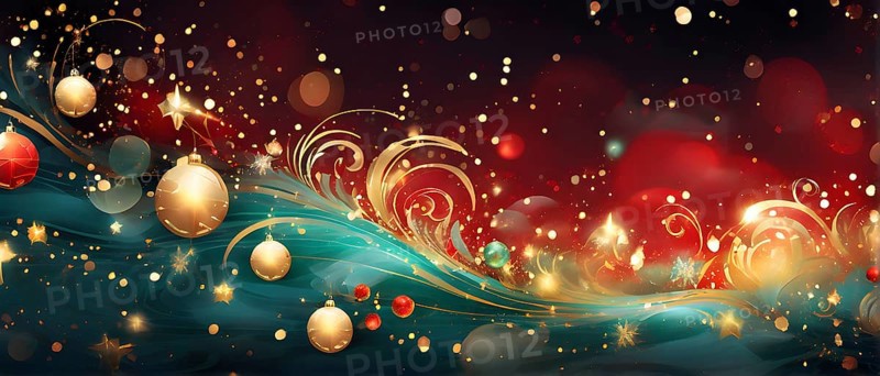 Abstract wallpaper illustration of Christmas symbols for gift cards, swirling shapes and lines, in red green and golden colors, AI generated