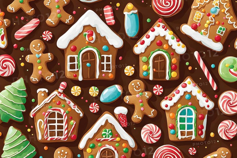 Abstract wallpaper illustration of of gingerbread house decoration, AI generated
