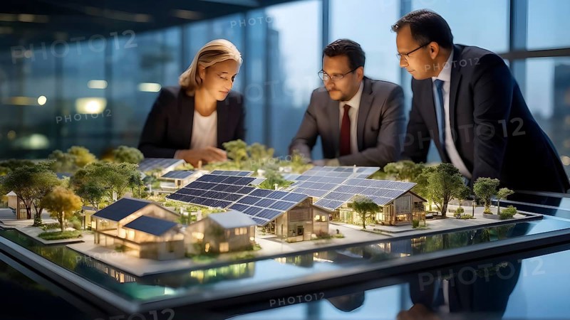 Business professionals engaged with a scale model of a modern solar park adjacent to miniature houses, AI generated