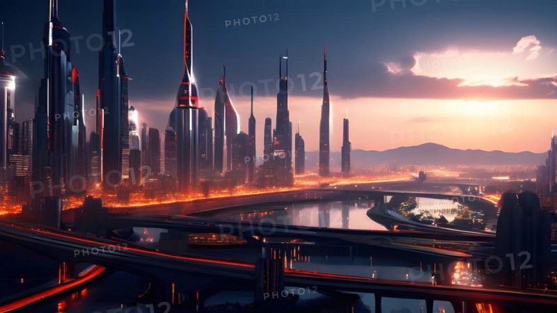 AI generated virtual reality tour highlighting a state of the art futuristic cityscape with interactive holograms