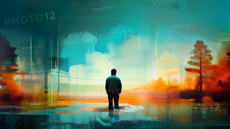 AI generated painting of a surreal landscape with a lonely human with digital brush strokes intertwining with watercolor