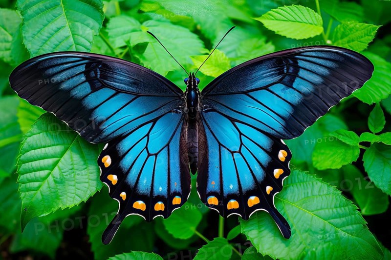 Beautiful stylized blue pipevine swallowtail butterfly on natural leaves environment, AI generated
