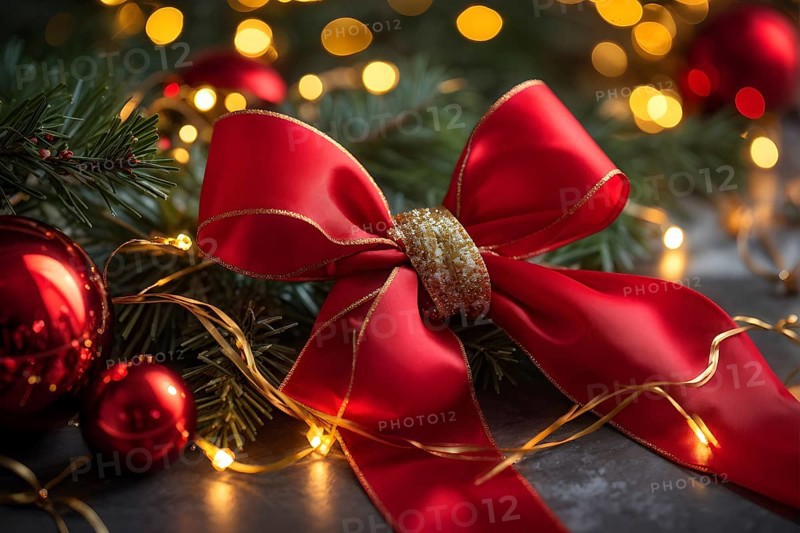 Christmas garland with gold and red ribbons intertwined with pine needles and tiny twinkling lights, creating a luxurious, festive feel, AI generated