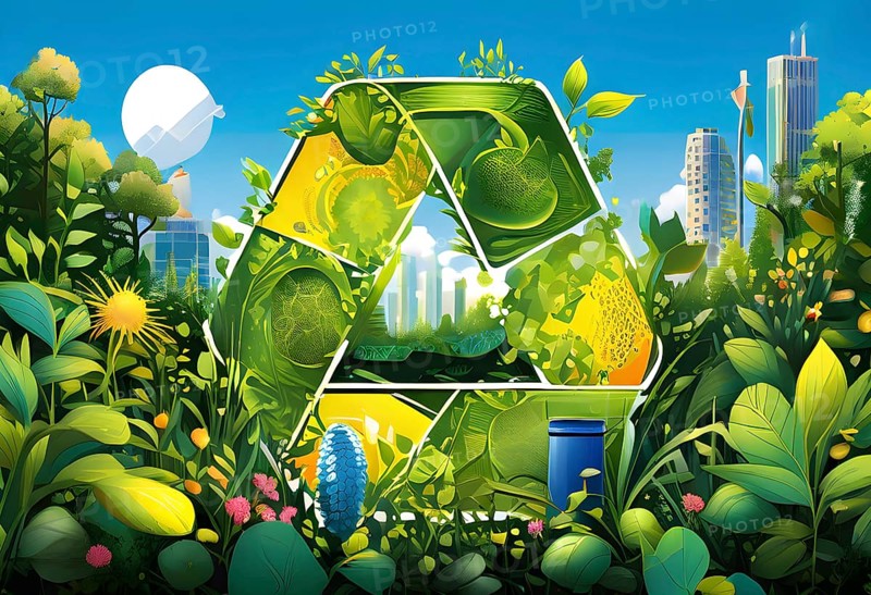 Recycling symbol morphing into growing plants and solar cells to symbolize the transformation of waste into renewable resources, AI generated