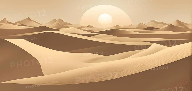 Abstract desert scene with triangular sand dunes and a single circular sun, using sharp lines and subtle gradients in neutral earth tones, AI generated