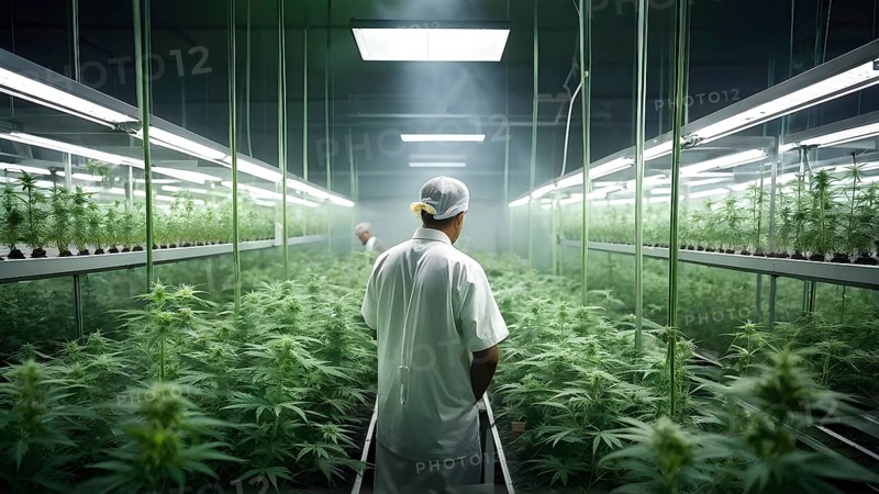 Cannabis cultivation facility in flourishing condition neatly arranged rows of vibrant green plants, AI generated