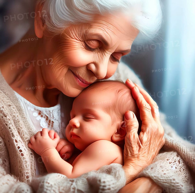 A grandmother tenderly embraces the head of her grandchild, a baby, symbolic image family, grandparents, love, tenderness, AI generated, AI generated