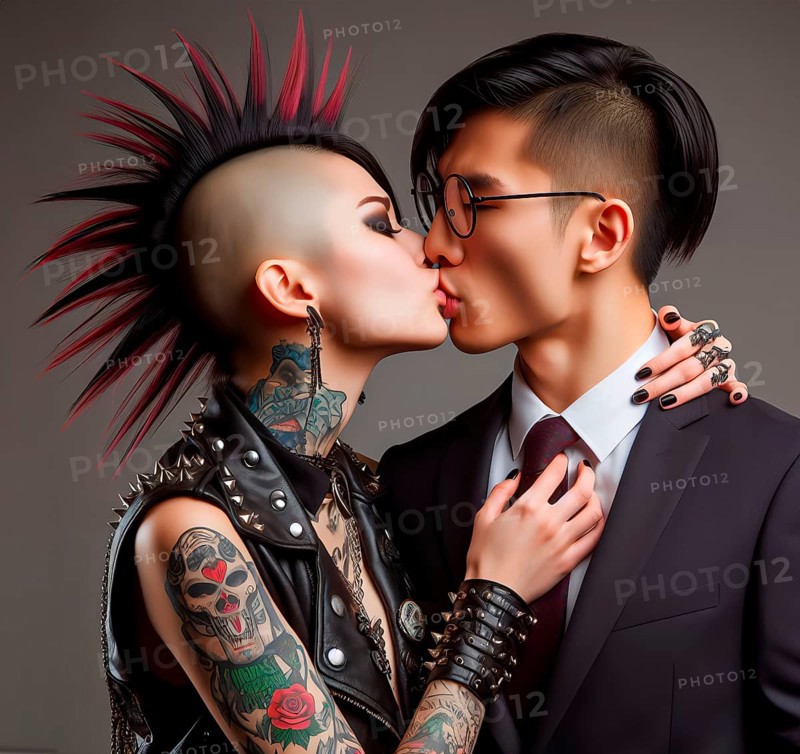 A female punk with a punk hairstyle, mohawk, leather clothes and tattoos kisses a solid young man in a suit and tie, symbolic image youth culture, punk, rebellion, AI generated, AI generated