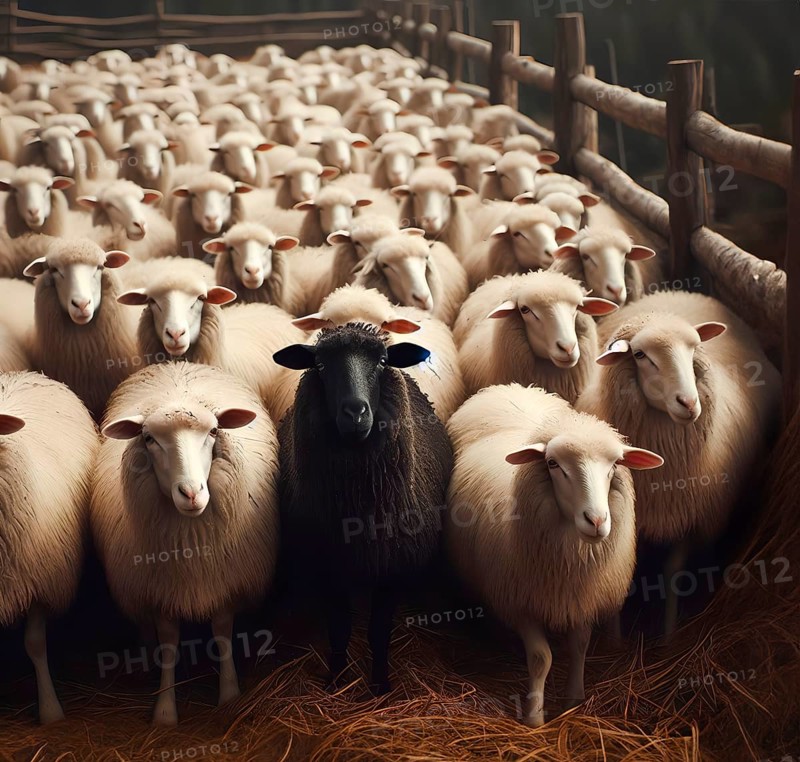 A white flock of sheep with a black sheep, symbol image outsider, special, special, AI generated, AI generated