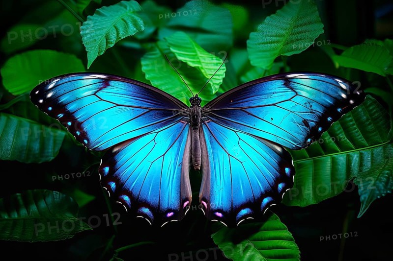 Beautiful stylized blue monarch butterfly on natural leaves environment, AI generated