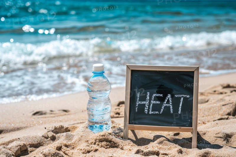 Water bottle next to chalkboard with text 'heat' at beach. KI generiert, generiert, AI generated