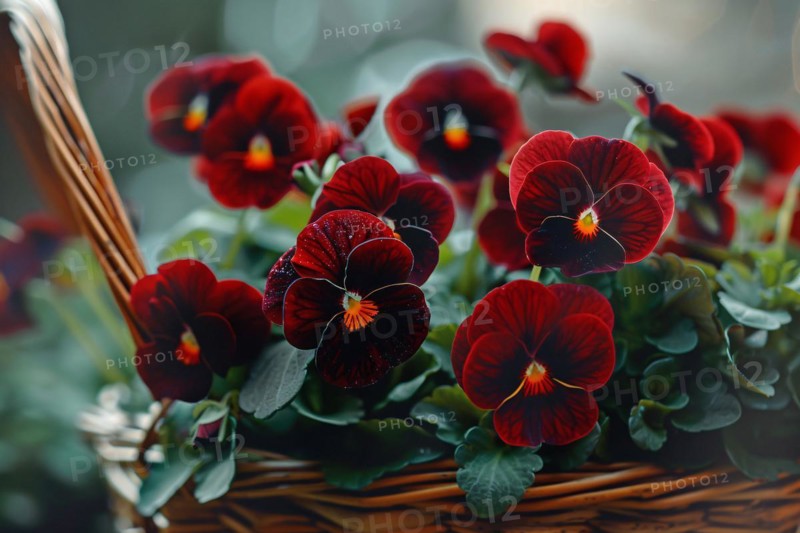 Beautiful dark burgundy red pansy flowers in basket. KI generiert, generiert, AI generated