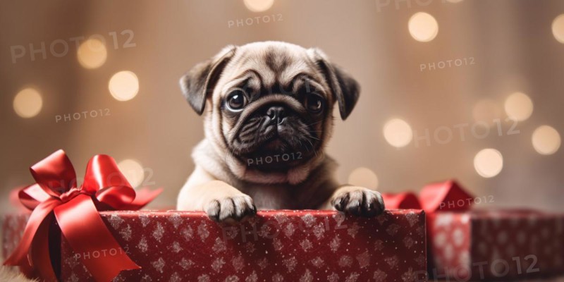 Cute pug dog in Christmas gift box. KI generiert, generiert, AI generated