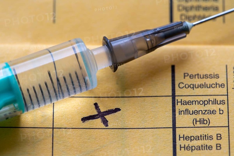 Vaccination booklet, vaccination against Haemophilus influenza type B (HiB), the most common pathogen causing purulent meningitis in children up to 5 years of age, symbolic image